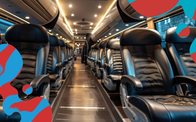 Spacious seating inside a coach hire UK vehicle room to spread out and relax, group transport, May 2024, the United Kingdom.
        